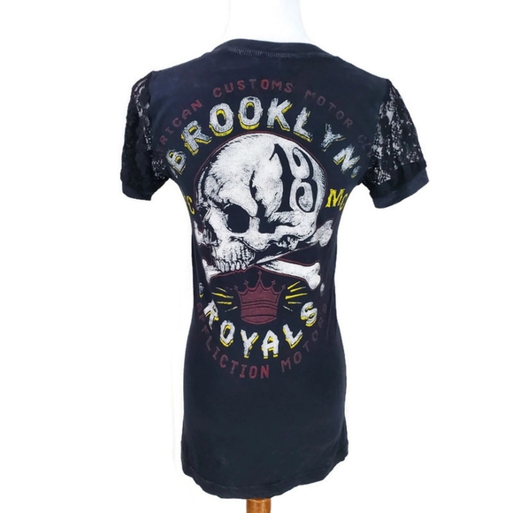 Affliction Women’s T-Shirt American Customs Motor Club Y2K Lace V-neck  Sz S - Picture 3 of 10